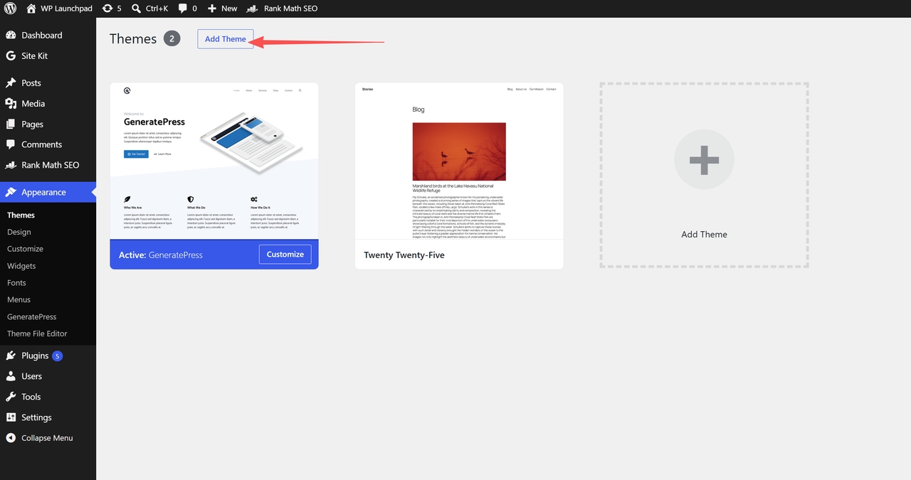 The WordPress Themes screen with the Add Theme button highlighted next to the Themes heading