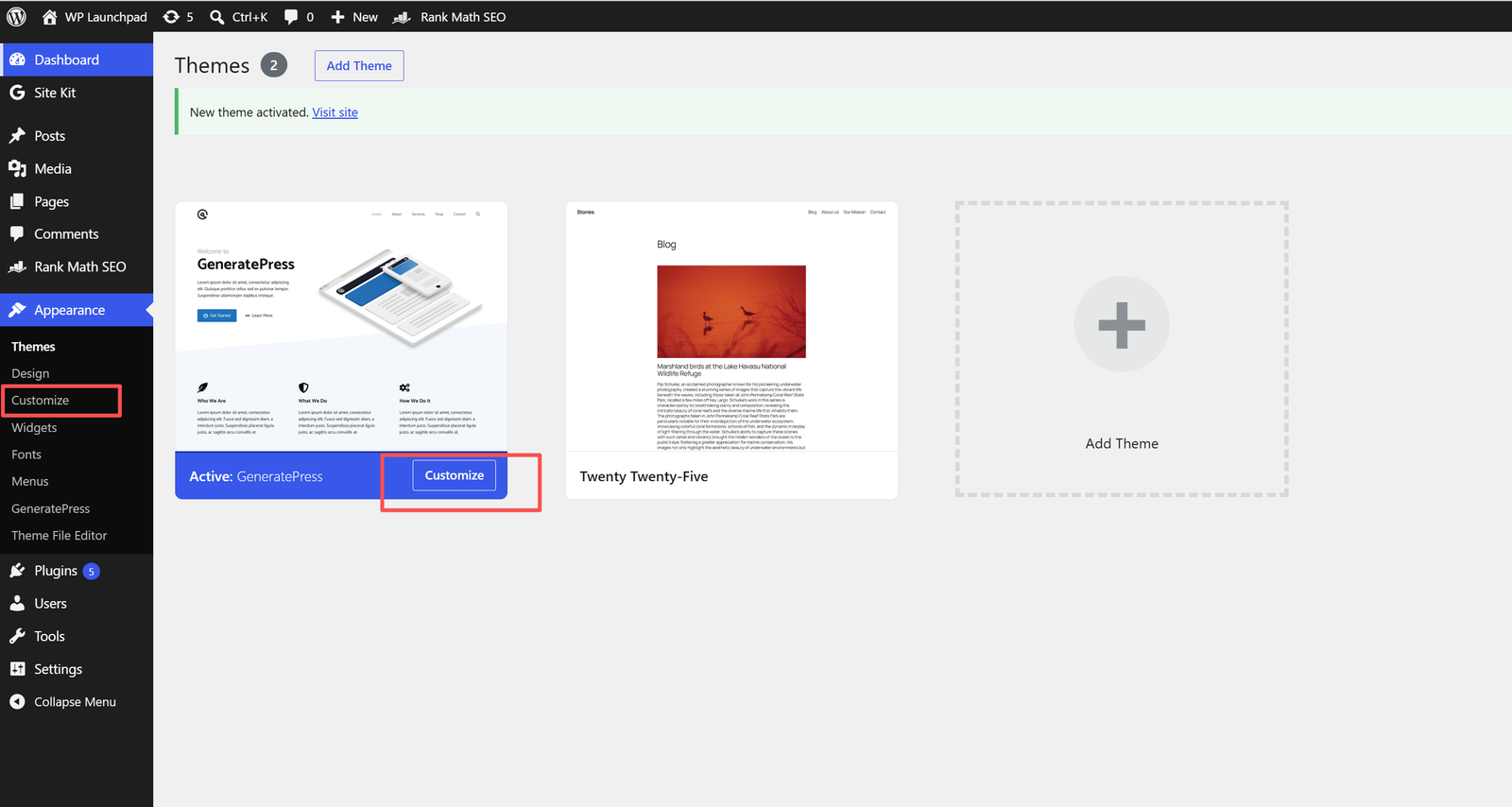 The Themes screen after activating GeneratePress, with the Customize link in the Appearance menu and the Customize button on the active theme card highlighted