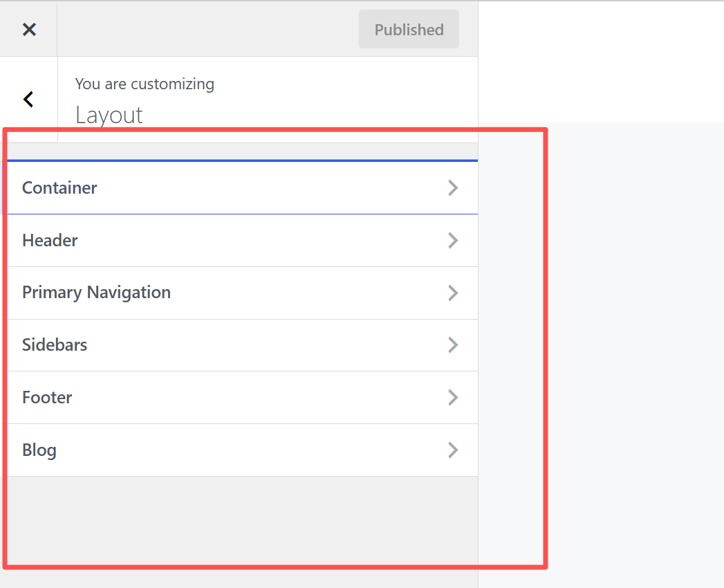 The GeneratePress Customizer Layout panel showing the Container, Header, Primary Navigation, Sidebars, Footer, and Blog sections