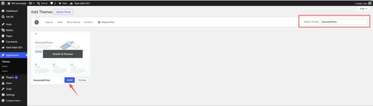 The Add Themes screen with “GeneratePress” typed into the Search Themes box and the Install button highlighted on the GeneratePress result
