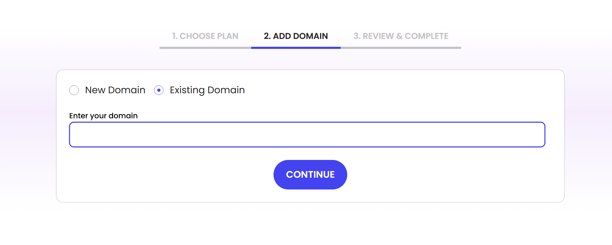 SiteGround’s Add Domain step with “Existing Domain” selected, showing a single field to enter a domain you already own
