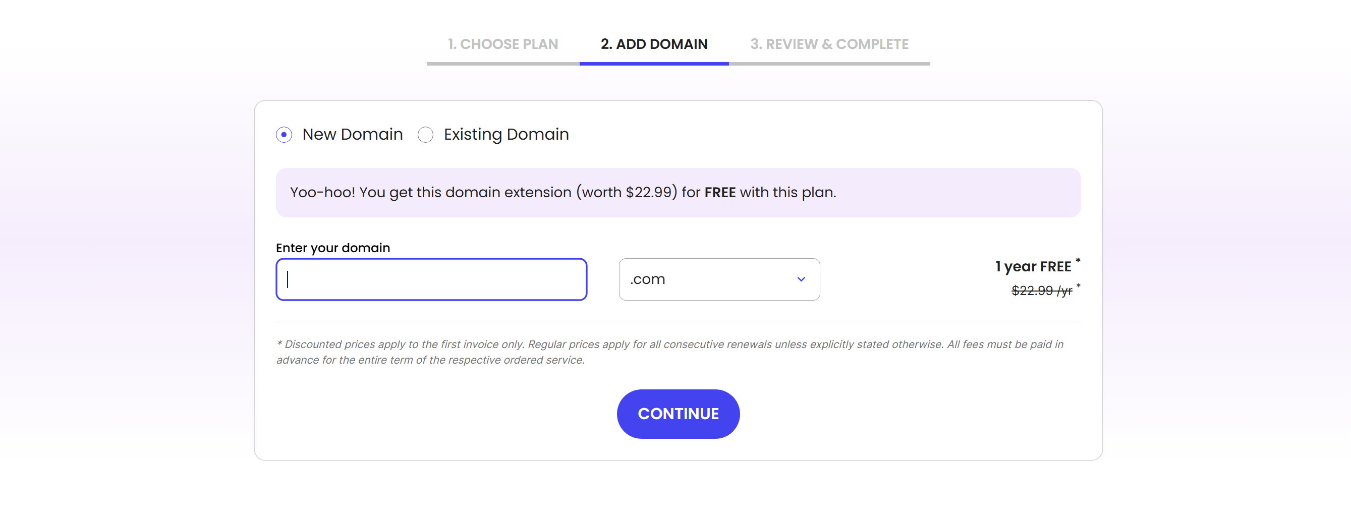 SiteGround’s Add Domain step with “New Domain” selected, showing a field to enter a domain name and choose an extension
