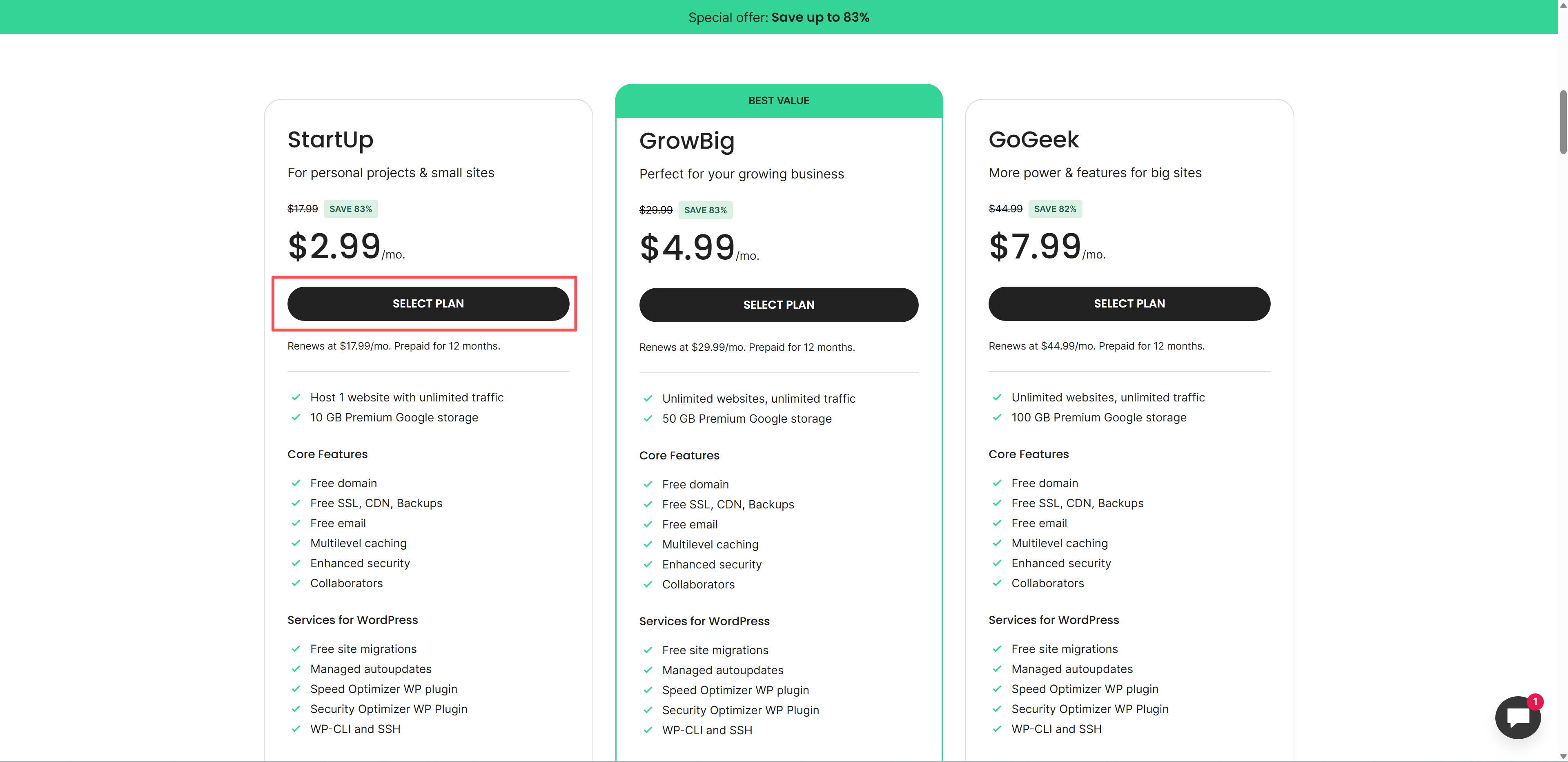 SiteGround’s plan comparison screen, with the Select Plan button highlighted on the StartUp plan